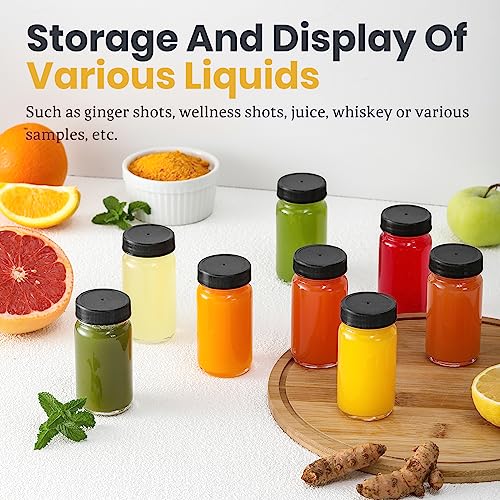 LANDNEOO 15 Pack 2 oz Glass Shot Mini Bottles w/Black Lids & 15 Labels - Small Clear Jar for Ginger, Wellness Shot, Juice, Sample, Whiskey - Travel Essentials - Wide Mouth, Leakproof, Dishwasher Safe - color: Black Lids, size: 2oz-15 pack