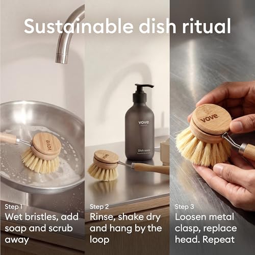 Vove Plastic-Free Dish Brush Bundle, Bamboo Dish Brush and Scrub Brush with 3 Replacement Heads, FSC-Certified Bamboo with Natural Fiber Bristles, Complete Zero-Waste Kitchen Cleaning Set - style: Brush Bundle - Scrub & Dish brush set