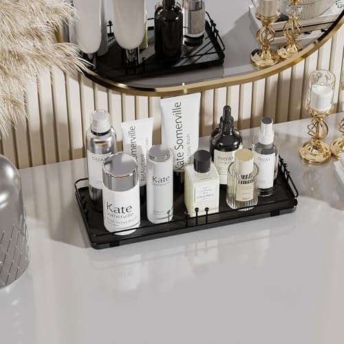 Bathroom Vanity Tray for Countertop Toiletries Perfume Makeup Soap Dispenser Toilet Tank, Kitchen Tray for Salt Spice, Black Decor Tray for Candle Nightstand Coffee 11.3”x 4.4” - color: Black + Black, size: 11.3" x 4.4" x 1.6"