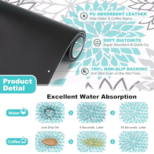 Findosom Dish Drying Mat, 12" x 20" Super Absorbent Dish Mat with Floral, Hide Stain Drying Mat for Kitchen Counter, Under Dish Rack, Coffee Maker, Espresso Machine, Teal - color: Teal, size: 12" x 20"