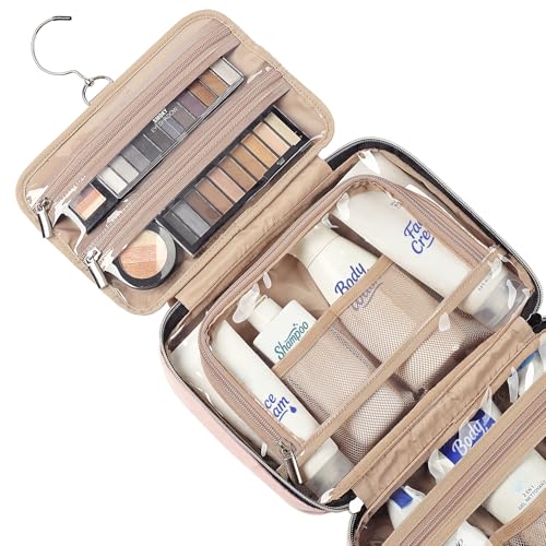 NISHEL Travel Toiletry Bag for women, Portable Hanging Organizer for Travel-Sized Shampoo, Conditioner, Brushes Set, makeup Accessories, Medium Size, Pink - color: Pink, size: Medium