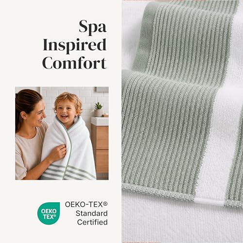 Modern Threads 6-Piece Towel Set – 100% Cotton, Quick Dry, Ultra Absorbent – Includes 2 Bath, 2 Hand, 2 Washcloths (White/Reinhart Sage) - color: Green, style: Classic Stripe