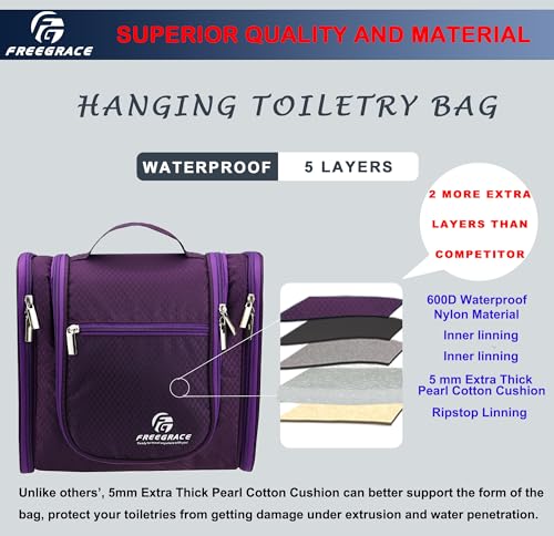 Freegrace Extra Large Hanging Toiletry Bag for Men and Women - Water-Resistant Nylon Travel Bathroom Organizer for Cosmetics, Makeup, and Toiletries - color: Purple