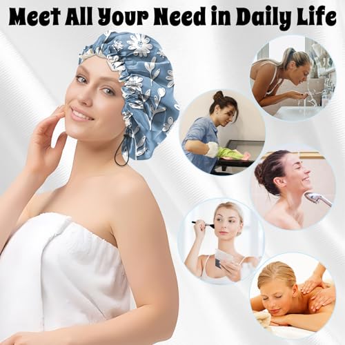 Luxury Shower Cap Satin Lined Reusable Waterproof Double Layer Elastic Adjustable Hair Bath Cap Cute Aesthetic Women Girls-Bule - color: F16-Bule