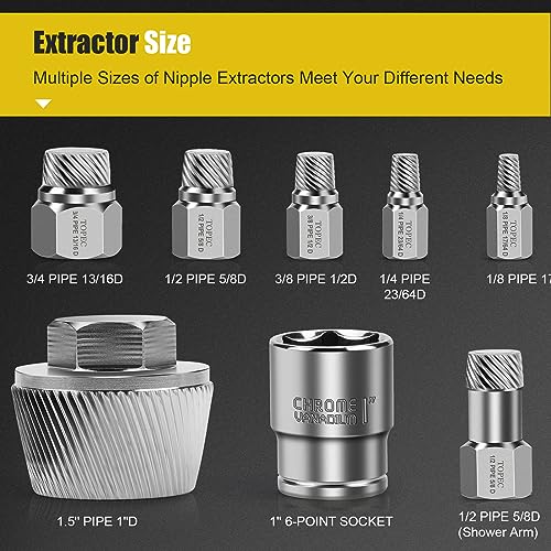 Topec 1.5'' Tub Drain Extractor, 8PCS Pipe Nipple Extractor Set with 1-inch Socket, Remove the Old, Broken, Stubborn, Rusted Drain Tub Bathtub Remover, Strong Grab Plumbing Tools with Storage Case