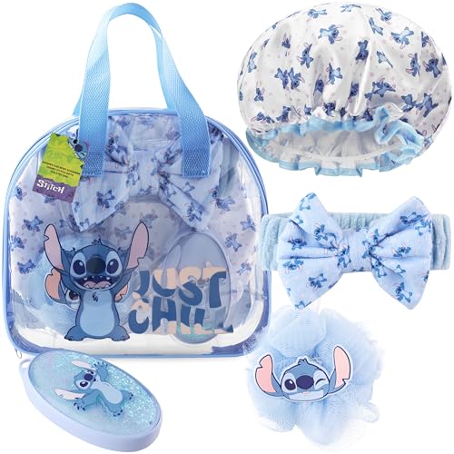 Disney Stitch Shower Accessories Set and Clear Toiletry Bag with Shower Cap Headband Bath Sponge for Bath Spa, Gifts for Girls, Teens, Women (Blue Stitch) - color: Blue Stitch, style: Stitch