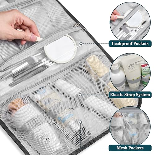 PAVILIA Hanging Toiletry Bag for Women Men, Large Foldable Toiletries Organizer with Hook, Water-Resistant Makeup Cosmetic Rollup Case, Clear Pockets for Bathroom, Gym, Cruise (Black Chevron) - color: Black Chevron