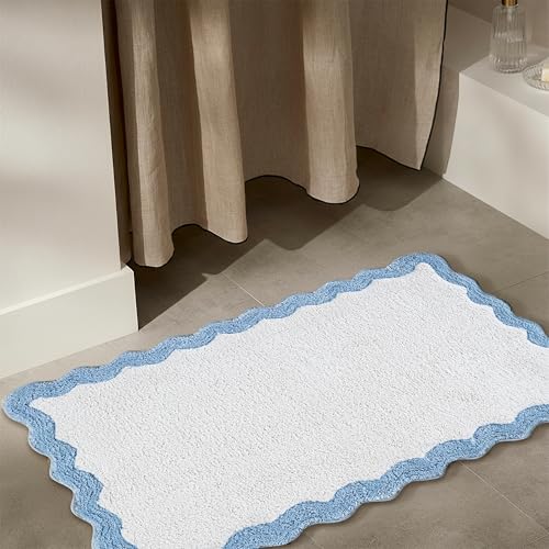 Cotton Scalloped Bathmat with Antiskid 20"x32" Blue – 100% Cotton Scalloped Bath Mat, Anti?Skid, Soft & Absorbent Bathroom Rug for Shower, Tub & Entryway - color: Blue, size: 1'8" x 2'8" (Rectangular)