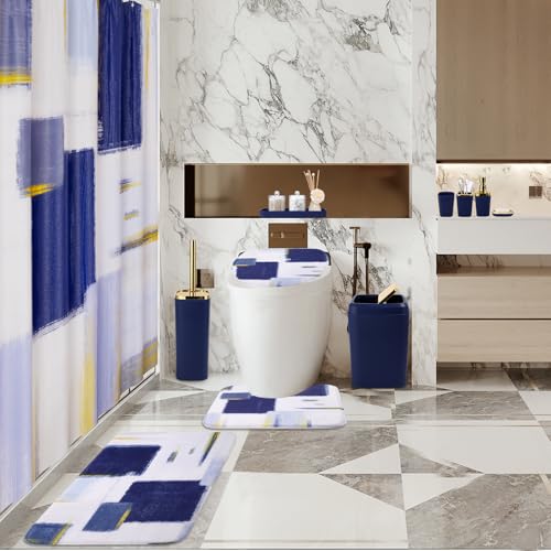 XLHOMO Bathroom Set - Navy Blue and Gold Bathroom Accessories Set, Bathroom Sets with Shower Curtain and Rugs, Blue Shower Curtain Set with Bathroom Trash Can, Soap Dispenser,Soap Dish for Home Decor - color: Plaid Blue & Gold, size: Complete Set + Bath R