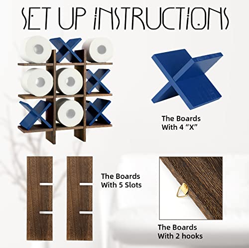 Weysat Tic Tac Toe Toilet Paper Holder Stand Bathroom Wall Decor Rustic Wooden Hanging Storage Freestanding Wall Mounted Shelves Decor for Toilet Tissue Farmhouse - color: Brown, Blue