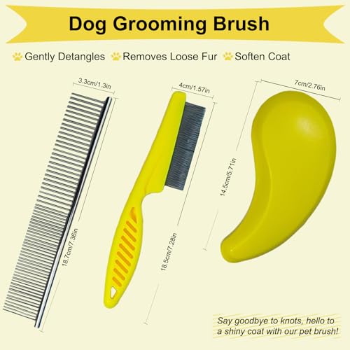 3 PCS Puppy Brush Grooming Kit, Stainless Steel Flea Comb, Fit for Yorkie, Shih Tzu, Maltipoo, Soft Bristle (Yellow) - color: Yellow