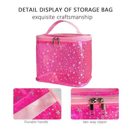 Holographic Star Print Pink Makeup Bag - Portable & Waterproof Barrel-Shaped Toiletry Bag, 8.27x6.7x6.3in Cosmetic Case for Women & Men (Pink Star) - color: Pink