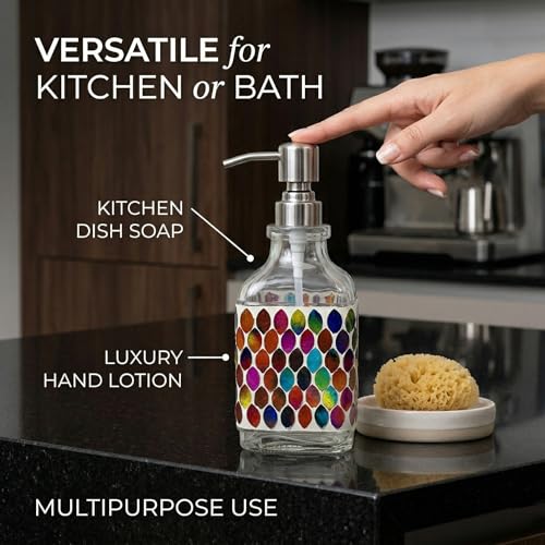 BOPPIE Set of 2 Handcrafted Mosaic Glass Soap Dispenser, Modern Countertop Hand & Dish Soap Dispenser for Bathroom Kitchen, Refillable Bottle with Stainless Steel Rust Proof Pump, Colorful Grid+Leaves - color: Colorful Grid+leaves
