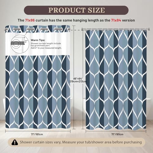 Yiatn No Hook Aegean Blue Long Shower Curtain with Snap in Fabric Liner Set - Hotel Style with See Through Mesh Top Window, Modern Geometric Waterdrop Design,Waterproof and Washable, 71x86 INCH - color: A. Aegean Blue, size: 71"W x 86"L (Pack of 1)