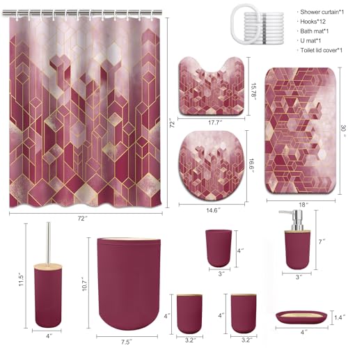 Lnond Red Bathroom Set, Red Abstract Cubes Bathroom Accessories Sets Complete, Luxury Restroom Set with Shower Curtain and Rugs, Trash Can, Toilet Brush Holder Set & Soap Dispenser - style: Red