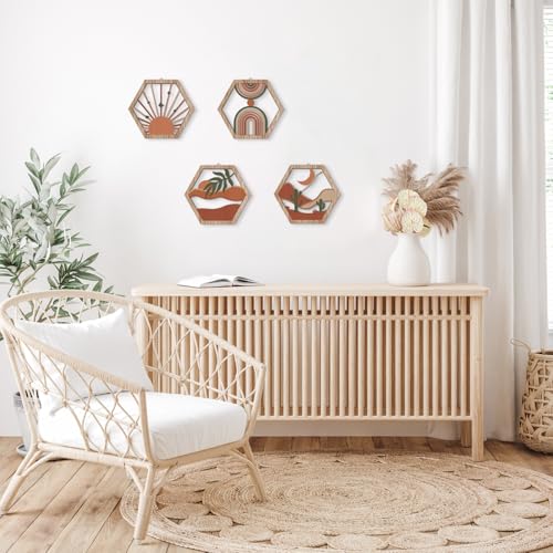 HPNIUB 4 Pcs Boho Wall Art Decor, Bohemian Geometric Hanging Wood Sign for Living Room, Aesthetic Abstract Desert Cactus, Minimalist Farmhouse Botanical Wooden Plaque for Apartment Bedroom(11''x9.8'') - color: Boho geometric