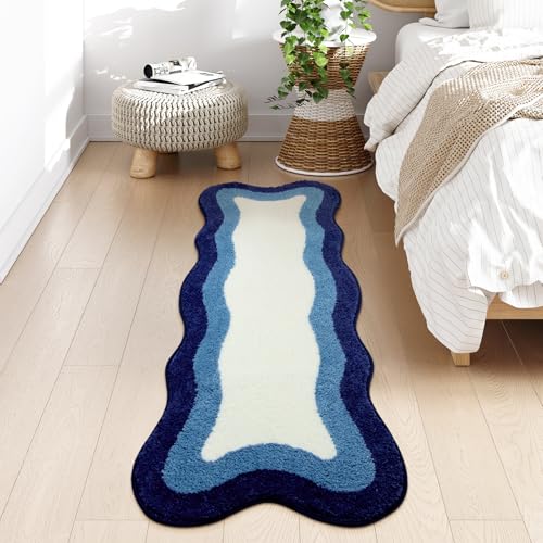 HAOCOO Luxury Soft Long Bathroom Rugs, 24x59 Inch Irregular Shape Non-Slip Boho Bath Rug, Microfiber Absorbent Washable Rugs for Bathroom Bedside Sink Tub Shower - color: Blue, size: 4'11" x 2' (Irregular)