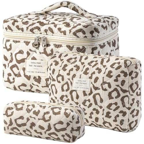 HBselect Quilted Makeup Bag, 3PCS Cotton Large Travel Makeup Bag, Cute Floral Coquette Make up Bag Cosmetic Bag Toiletry Bag for Women Girls - color: A-3PCS-Floral 30