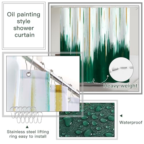 32PCS Bathroom Accessory Set Green Bathroom Accessories Bathroom Set, Shower Curtain Set, 2 Piece Bath Towel Set, 3PC Soap Dispenser, Toilet Brush & Trash Can - size: Bath Set + Oil Painting Shower Curtain + Towel Set, style: Dark Green