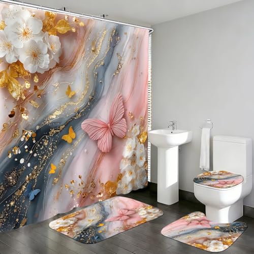 DDQQ 4Pcs Pink Butterfly Floral Shower Curtain Set White Golden Flower Bathroom Sets Marble Background Shower Curtain with 12 Hooks Bathroom Decor with Rugs Bath Accessories with Mats Toilet Lid Cover - color: Pink Yellow