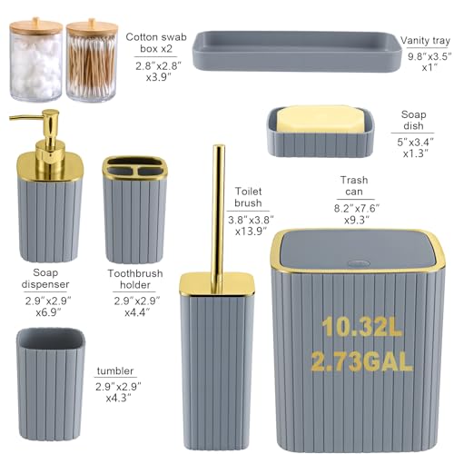Grey Bathroom Accessory Set-9PC Set with Toilet Brush, Trash Can, Soap Dispenser, Q-Tip Holder | Modern Home Bath Essentials (Grey, Bath Set) - color: Grey&gold, size: 9-Piece Bath Set