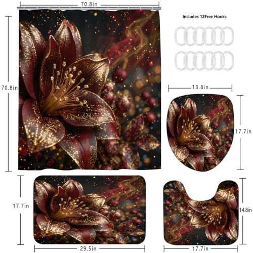LQCOOL 4Pcs Black Red Lily Flower Shower Curtain Set, Waterproof Bathroom Sets, Abstract Burgundy Gold Bathroom Sets with Shower Curtain and Rugs, Shower Curtain with 12 Hooks - color: Black Red