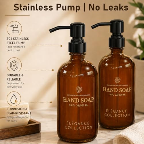 Fachixy Amber Glass Soap Dispenser (2 Pack), 16 Fl Oz Hand & Dish Soap Dispenser Bottles Set with Leak-Resistant Stainless Steel Pump, Non-Slip Pad, 14 Waterproof Labels for Kitchen and Bathroom - color: Brown