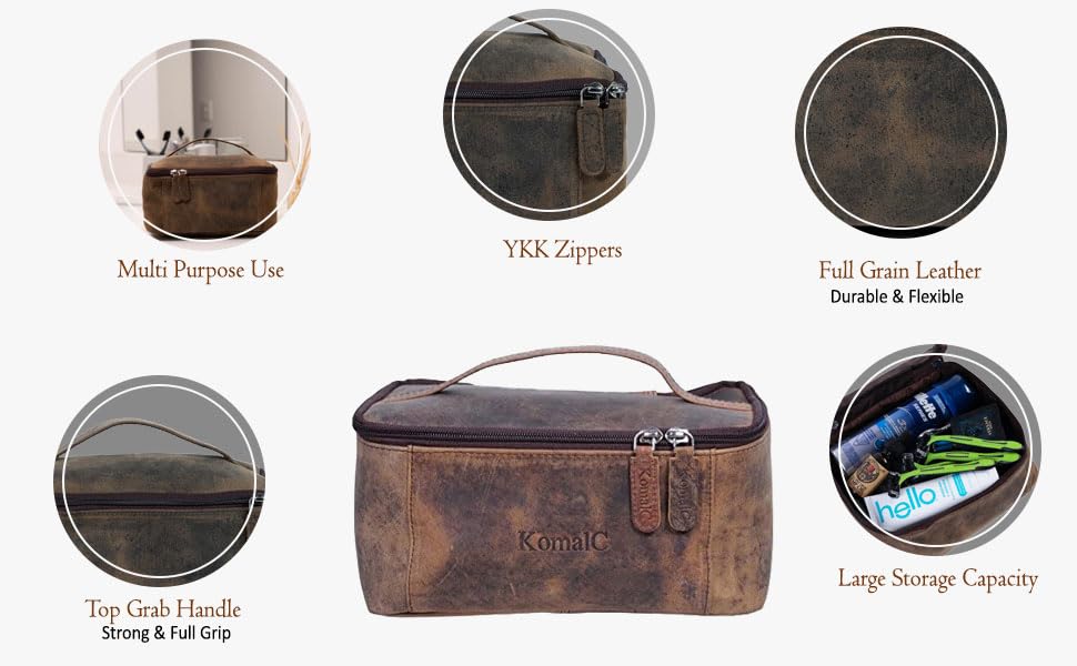 KomalC Leather Toiletry Bag For Men & Women, Handcrafted Travel Kit, Water-Resistant Shaving Bag For Men Travel, Premium Rustic Toiletry Pouch with Zipper Closure (1 Zip Hunter) - style: 1 Zip Hunter