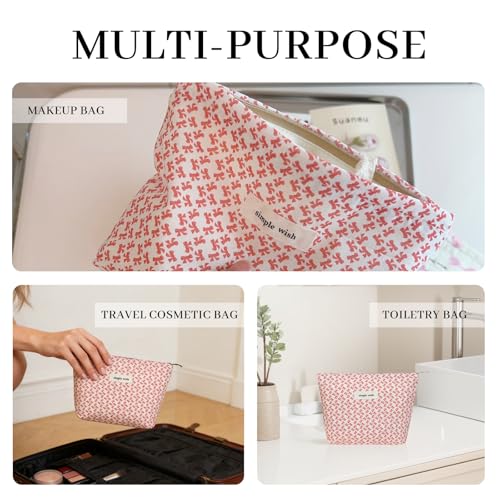 Wudygirl Bow Makeup Bag Small Cosmetic Bag Travel Makeup Pouch for Women Cosmetic Pouch Aesthetic Handbag Zipper 8.3" x 5.9"(Little Pink Bow) - color: Little Pink Bow