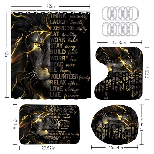 4 Pcs Black Gold Lion Shower Curtain Set with Rugs and Toilet Lid Cover, Inspirational Quotes Waterproof Fabric Bathroom Set, Black Lion Shower Curtain Bathroom Decor Set Accessories with 12 Hooks - color: Black Gold Lion