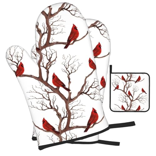 Winter Cardinal Birds Oven Mitts and Pot Holders Sets of 3 Kitchen Hot Pads Oven Gloves Heat Resistant Washable for Cooking Grilling Baking Christmas Holiday Kitchen Decor Cardinal Gifts for Women - color: Birds Cardinal