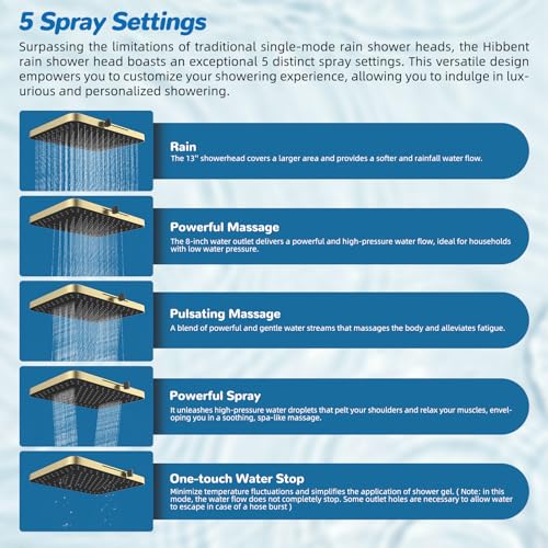 Hibbent cUPC Certified 13'' Shower Head Combo, High Pressure 5 Spray Rainfall Showerhead, 10 Spray Handheld, All Metal Easy Reach 4-way Diverter Arm with Pause Mode, 71'' Hose and Holder, Brushed Gold - color: Brushed Gold, style: Square 13" with filter