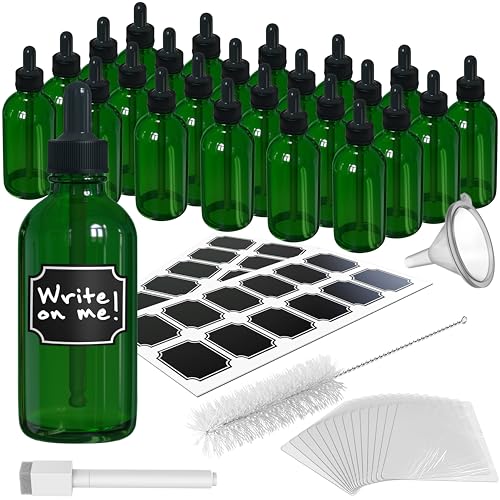 Nevlers Green Glass Dropper Bottle 4 Oz 24 PK| Glass Eye Dropper Bottle Set | with Funnel, Brush, Marker, Labels & Shrink Wrap | Eye Droppers for Medicine | Oil Bottles for Hair & Droppers for Oils - color: Green
