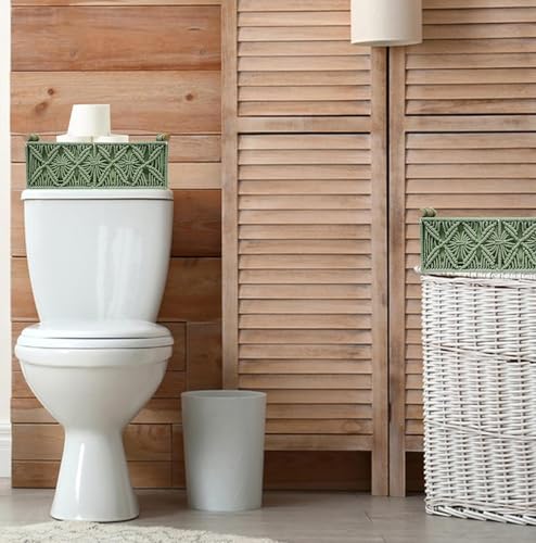 HOSROOME Macrame Boho Decor Baskets for Organizing Woven Decorative Basket for Countertop Toilet Paper Basket for Tank Top for Home Decor Bedroom Nursery Livingroom Entryway (Set of 2,Green) - color: green