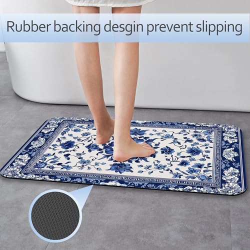 Bath Mat 29.5"x17", Blue Vintage Mandala Floral Slim Low-Profile Fast Drying Super Absorbent Bathroom Rug with Non-Slip Backing, Easy-Clean Modern Floor Mat for Tub, Shower, or Entryway - color: Blue Vintage Mandala Floral