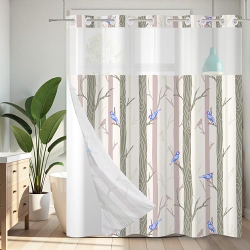 No Hook Shower Curtain with Snap in Liner, Blue Bird Tree Fabric Shower Curtain Set for Bathroom, Hotel-Quality, See Through Top Window Design, 59" W x 79" L - color: 05 Bird - Blue, size: 59"W x 79"L (Pack of 1)