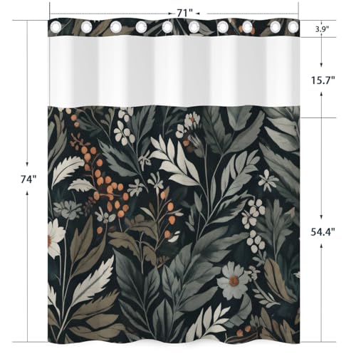 Boho No Hook Shower Curtain and Liner Set 71x74inch | Dark Botanical White Floral Pattern, Waterproof Fabric Bath Curtain for Farmhouse Bathroom with Breathable Mesh Top Window - color: Black 02