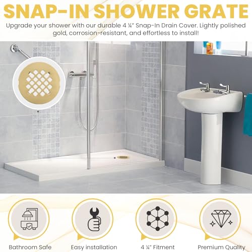 4 ¼” Brushed Light Gold Snap-in Shower Drain Cover - Gold Replacement - 4.25" OD Shower Drain Strainer - Easy Install - Premium Round Shower Drain Cover - Solid Brass Construction - color: Light Gold