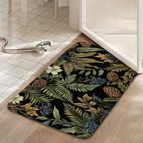 Bath Mats for Bathroom,Green Herb Leave Bathroom Rugs,Forest Berry Pine Cone Diatomaceous Bath Rug Quick Dry, Non Slip Super Absorbent Low Profile Doormat for Home Kitchen Patio 17 X 29.5 Inch - color: Green Herb Leave