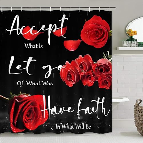 Yddsky 4 Pcs Red Rose Shower Curtain Sets with Rugs Black Blessed Bathroom Sets with Shower Curtain and Rugs Bathroom Curtains Shower Set with Toilet Lid Cover for Women Bathroom Decor Accessories - color: Red Blessing Rose