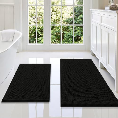 Smiry Bathroom Rugs Sets 2 Piece, Soft Absorbent Chenille Machine Washable Non Slip Shaggy Bath Rug Set for Tub, Shower, and Floor (36x24+30x20, Black) - color: Black, size: 36"x24"+30"x20"