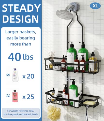 Shower Caddy Hanging Organizer, Extra Large Rack Over Showerhead with Hooks, Adjustable Height Shower Caddy for Big Shampoo Bottle, Black - color: Black - 2 Tier - XL
