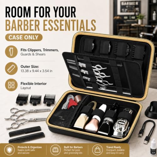 Boobowl Hard Case for Hair Clippers, Barber Tool Organizer for Home&Travel | Case Only for Clippers, Trimmers, Guards, Shears, Combs, Chargers and Small Grooming accessories, Black+Gold Zipper - color: Bronze