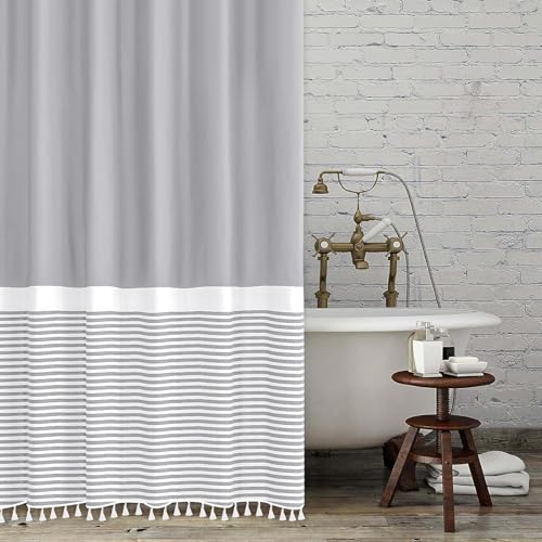 Seasonwood Grey Shower Curtain Modern Fabric Shower Curtains White Tassels Farmhouse Shower Curtains Striped Shower Curtain Waterproof 72x72 Inch - color: Grey, size: 72"W x 72"L (Pack of 1)
