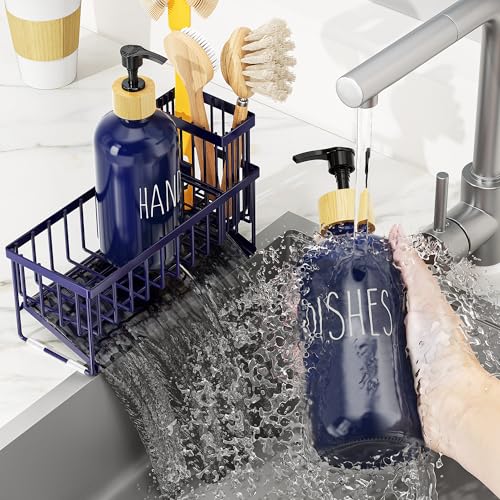 Cisily Navy Blue Kitchen Dish Soap Dispenser, 16 fl Oz Dual Kitchen Soap Dispensers with Sponge Holder, Customized Stainless Steel Kitchen Soap Dispenser Set, Modern Hand and Dish Soap Bottle Set - color: Navy Blue Sponge Holder + Navy Blue Bottle
