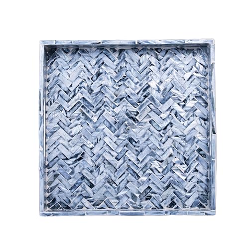 PEMAR 12.2" Square Serving Tray Mother of Pearl Nacre Wood Lap Ottoman Tray for Coffee Table, Luxury Decorative Handmade Eating Platters w Insert Handles (Midnight Blue Herringbone) - color: Midnight Blue Herringbone