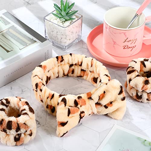 Hanaive 3 Pcs Spa Headband and Wristbands Set for Washing Face Makeup Skincare Hair Band Skin Care Accessories Tools for Women Gifts(Leopard)