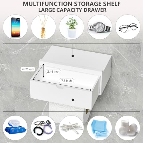 Domax Standard 8.46" Bamboo Toilet Paper Holder with Shelf and Storage Drawer - Wall Mount or Adhesive Bathroom Organizer for Tampons, Cotton Swabs, Wipes or More, White - color: White