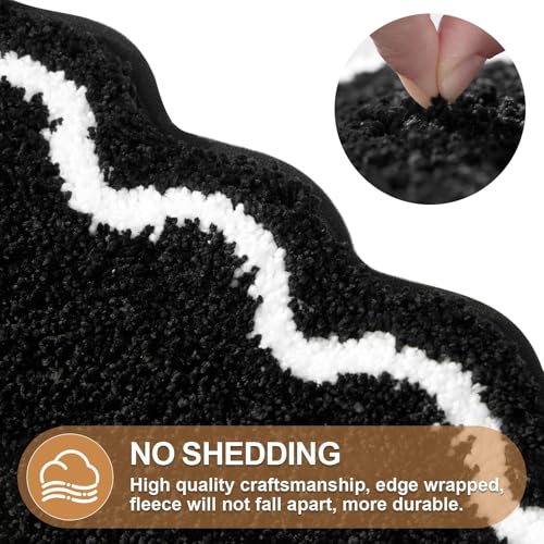 ORTIGIA Black Bath Mat with White Scallop Non Slip, Quick Dry Bath Rug Absorbent Soft Plush Microfiber Bathmat for Bathroom Floor Carpet for Sink Bedroom, 17x24 - color: Black, size: 1'5" X 2'(rectangular)