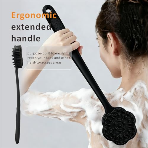 Back Scrubber & Face Scrubber Brush for Shower - 15 Inch Long Handle Double Sided Silicone Body Brush for Exfoliation & Massage, Soft Facial Cleansing Brush, Rich Lathering for Deep Cleansing (Black) - color: Black
